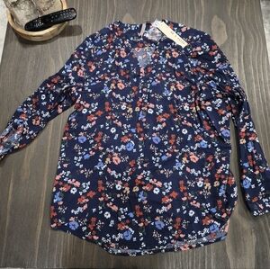 Floral Navy Blouse with Red and Blue Details